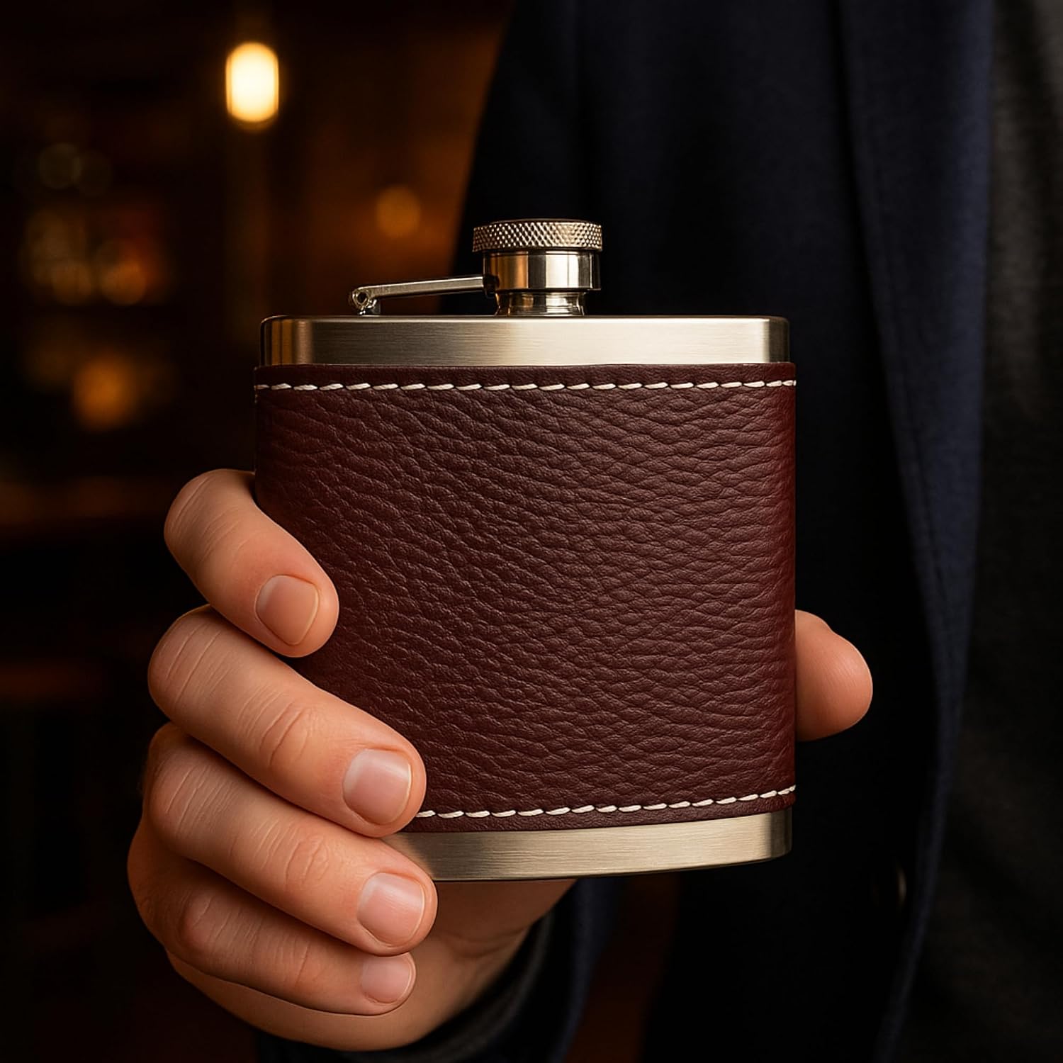 Perlotus 5 Oz-150 cc Coffee Brown Leather Case with Funnel Steel Whiskey Drink Cognac Mataras