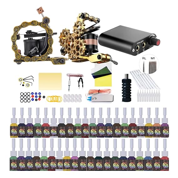 Kit de Tatuaje 2 Machine Set 40 Color Inks Kits Power Supply Complete Set Transfer Paper Practice Skin Disposable Supplies for Beginners with Everything