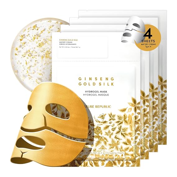 Nature Republic 2-Step Ginseng Gold Silk Hydrogel face Mask | Hydrating Overnight gold mask, Ginseng Niacinamide & Silk Amino Acid,Royal Jelly Extract, Korean Skin Care (34.5g x4EA)