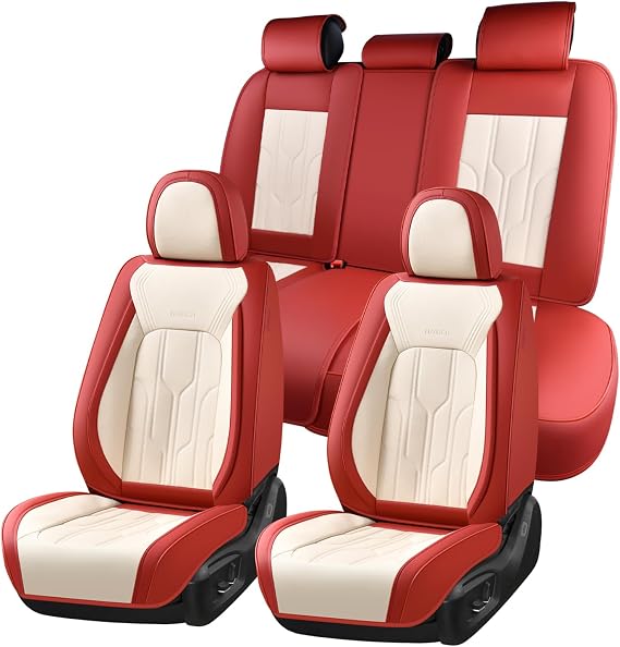FLORICH Leather Car Seat Covers Full Set Automotive Seat Cover 5 Seats Waterproof Seat Cover Durable Car Seat Protector Easy to Clean and Install Universal Fit for Most Cars Trucks SUV, Red&Beige