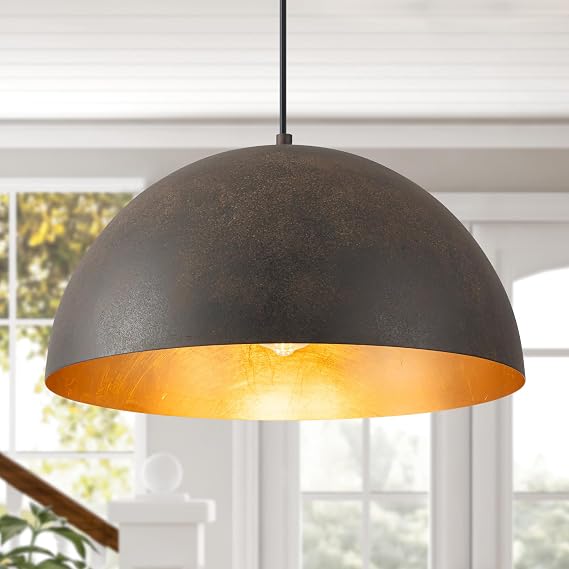 Farmhouse Pendant Light,15.7" Black with Brown Grain Industrial Dome Light Fixture,Adjustable Vintage Chandelier for Kitchen Island,Dining Room,and Bedroom