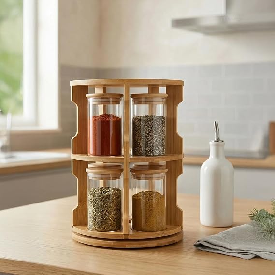 Deconox Doğal Bambu 360° Döner Standlı 10'lu Cam Baharatlık Seti - Büyük Boy (250 ml) Ahşap Kapaklı Baharat Takımı