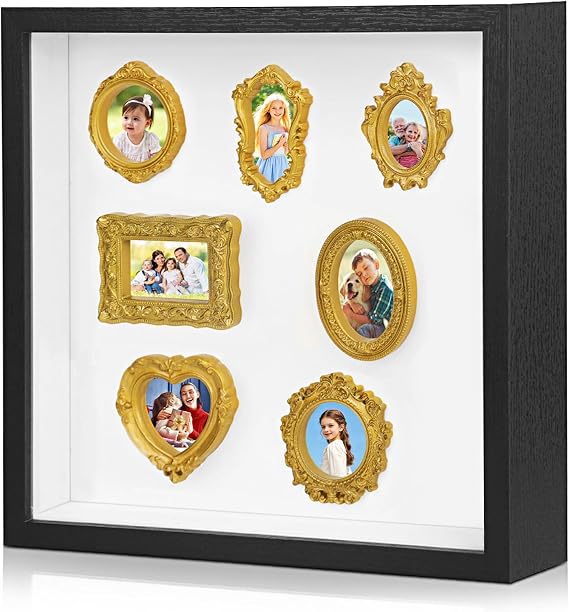 DIY Mini Museum Silhouette Shadow Box with 7 Gold Mini Frames, 10.43in Vintage Memories Museum Silhouette Shadow Box Keepsake Picture Frame Gifts for Mother/ Fathers Day Women Anniversary Valentines
