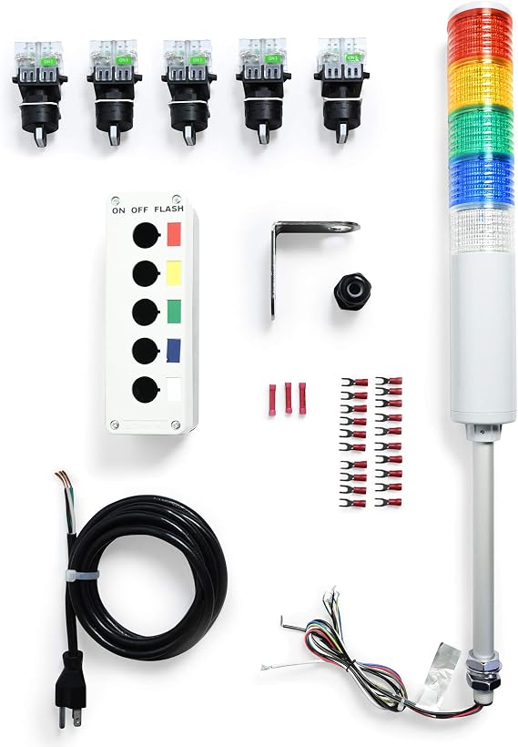 Signaworks LED 5 Light Steady & Flashing Andon Tower Light Kit - Parts Only, Assembly Required - 3 Position Switches for On/Off Operation - Stack Light...