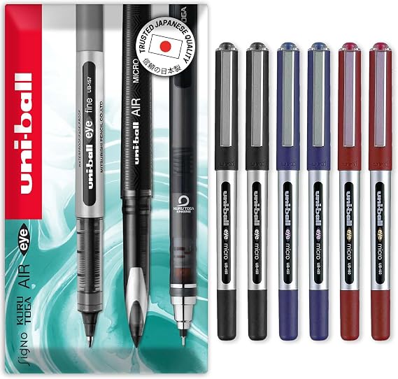 uni-ball Eye Micro Ub-150 Gel Ink Pen - 0.5 mm - Pack of 6-2 x Black, 2 x Blue, 2 x Red - In Gift Box
