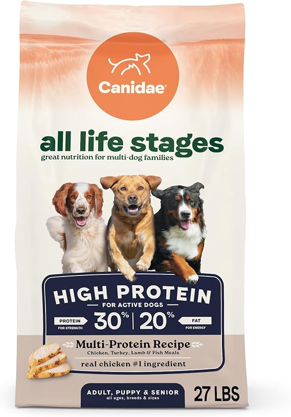 CANIDAE All Life Stages High Protein, Chicken, Turkey, Lamb & Fish, 27 lb | Dry Dog Food for Active Puppies, Adults, and Seniors, Free from Corn, Wheat, and Soy, 5-in-1 Health Support
