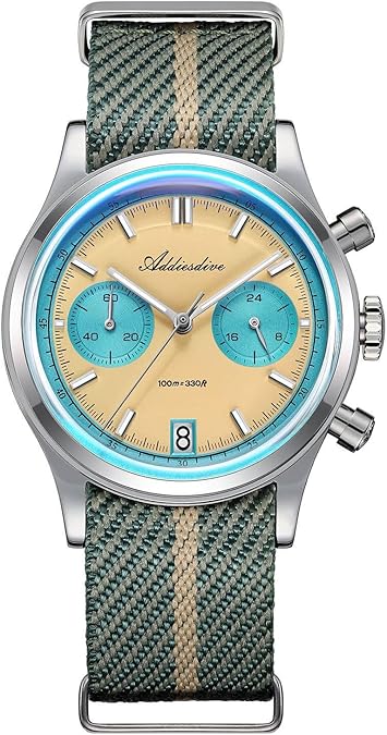 Addiesdive 38mm Mens Chronograph Watch with Japanese VK64 Quartz, Vintage Military Style Nylon Strap Watch, 100M Water Resistant,Yellow