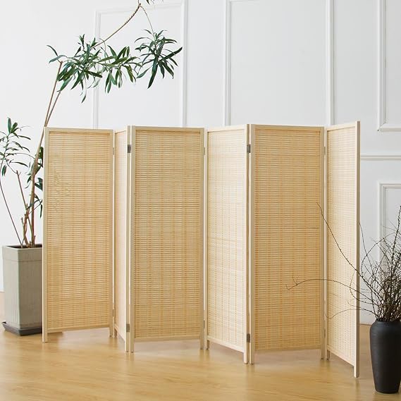 Furnnylane 6 Panel Bamboo Room Divider Short Folding Screen Divider,Double Sided Bamboo Panel Divider for Room Separation,Beige,120 cm H x 234 cm W