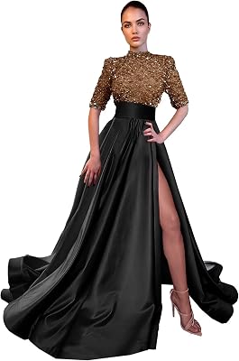 Yuxin Sparkly Sequin Prom Dresses Long Ball Gown High Neck Half Sleeve Satin Formal Evening Gowns with Slit 828