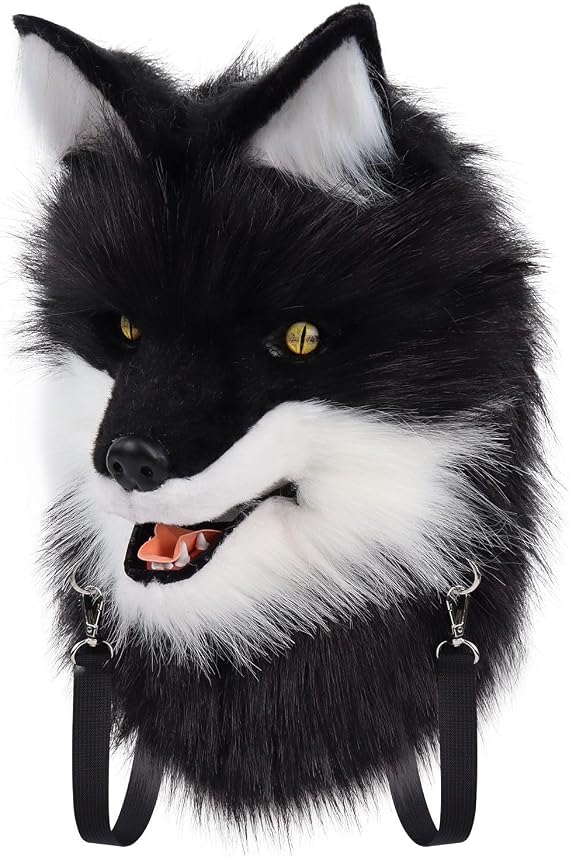 Faux Fur Dog Head Masks Portable Backpack Furry Plush Fursuit Animal Mask For Halloween Cosplay Party