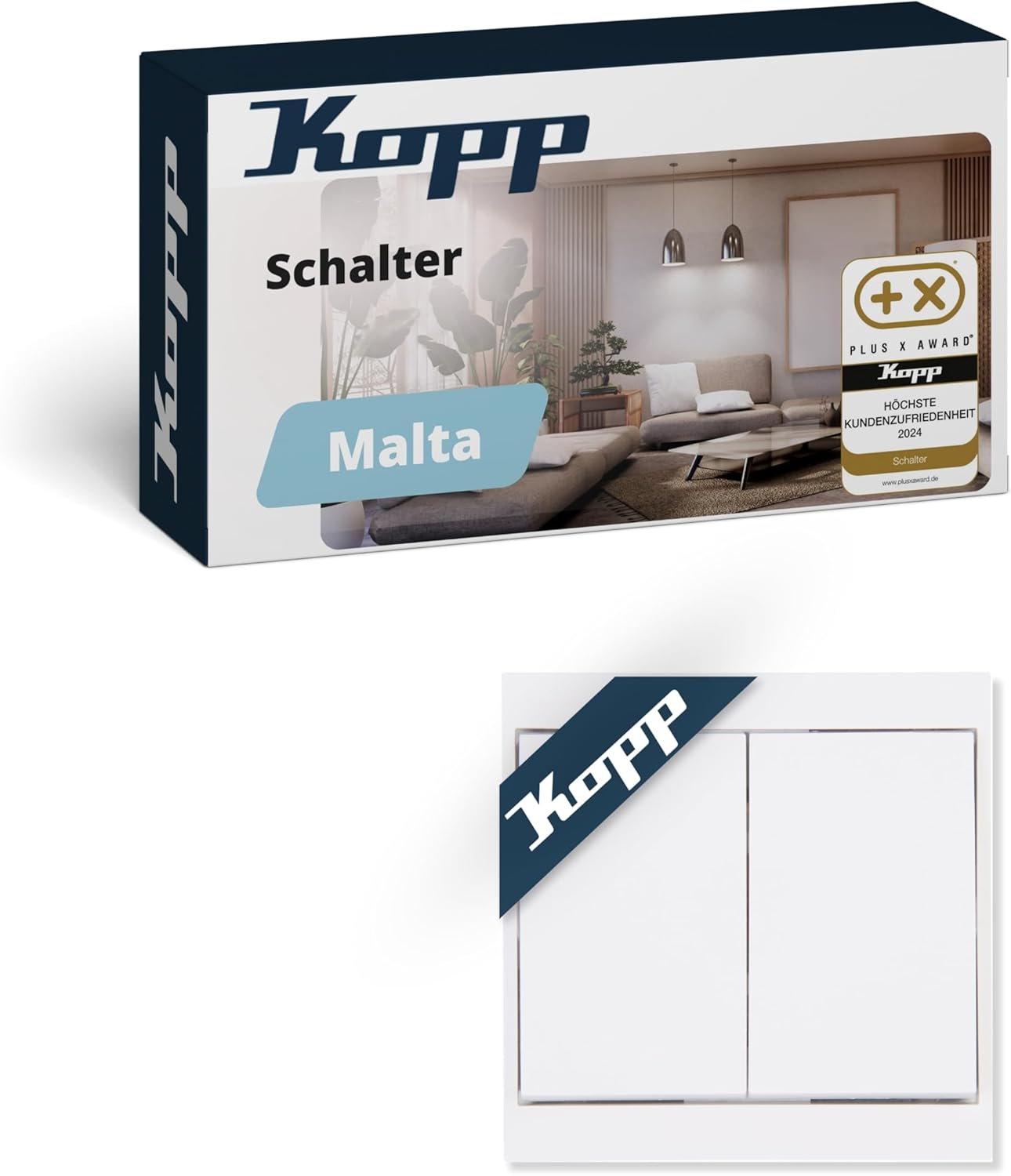 Kopp MALTA Serienschalter in Arktis-Weiß - Hochwertiger Doppel-Lichtschalter mit 10AX Schaltvermögen - IP20 Schalter-Unterputz mit Wippe & Steckklemmen - Stilvoller Doppelschalter 250V~