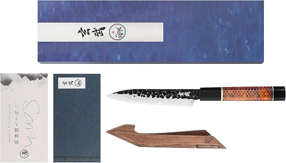 Concord Genbu Traditional Japanese Chef's Knife Raw Hammered Double Beveled 9CR18MOV Blade w/ 60 HRC. Tortoise Shell Resin Handle.  with Magnetic Magnolia Wood Sheath with Stand. (5" Honesuki)