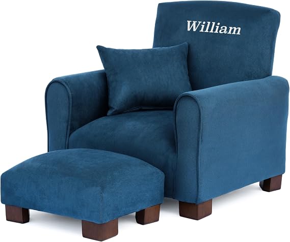 Toddler Personalized Armchair, Kids Upholstered Rocking Chair with Personalization, Toddler Chair with Personalized Name, Comfy Child Armchair, (Navy Suede, Legs)