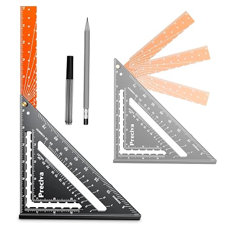 Preciva Foldable Carpenter Square Ruler, 12" (1/16" Scale) Aluminum Alloy Rafter Square Multi-Purpose Carpenter Tool Measuring Layout Tool for Woodworking and Carpentry, Includes Pencil