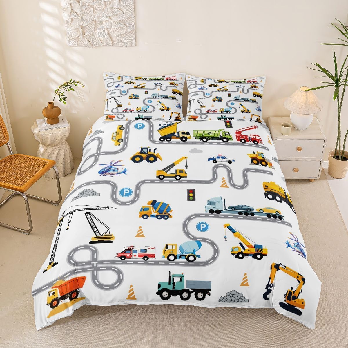 Children's Traffic Vehicles Bed Linen Set 135 x 200 cm Boys Construction Site Digger Duvet Cover Set Police Car Ambulance Print Bedding Set Decor 2-Piece Microfibre