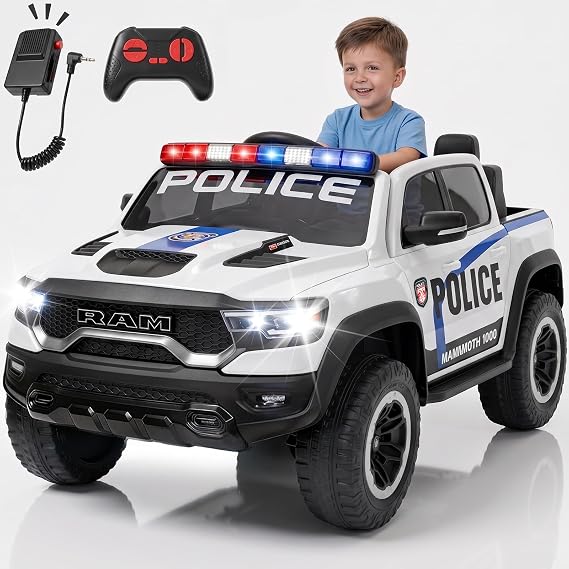 24V Licensed Dodge RAM Police Ride On Truck, 4WD Motor Kids Electric Car with Remote Control, 2-Seater Safe Ride On Vehicle, Bluetooth Music Emergency Light, Birthday Gift for 3-8 Years Boys Girls