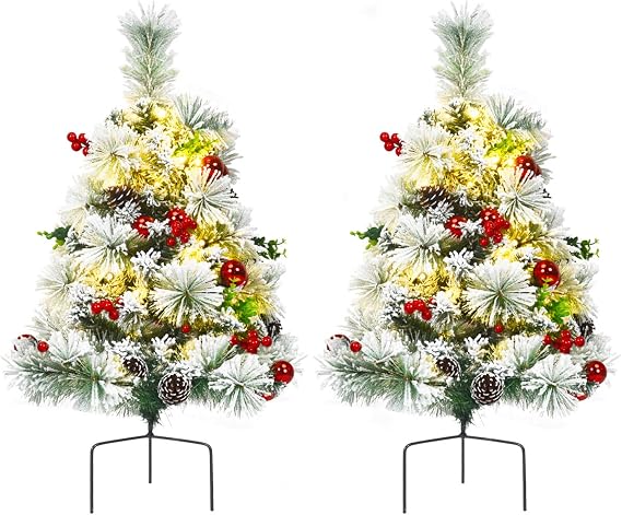 Goplus Set of 2 29" Outdoor Pathway Christmas Trees, Battery Operated Pre-Lit Snow Flocked Xmas Trees with 30 Warm White LED Lights, 8 Light Modes, Pine Trees for Porch Driveway Yard Garden Decor
