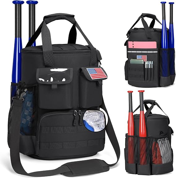 RAINSMORE Baseball Bucket Bag Baseball Coaches Accessories Organizer with Insulation Pocket Tactical Softball Bag with Anti-Slip Bottom, Multiple Pockets for Bat, Gloves, Scoreboards