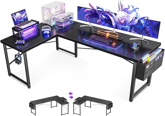 ODK L Shaped Desk, 66" Computer Corner Desk, Gaming Desk, Home Office Writing Desk with Monitor Shelf, Space-Saving Workstation Desk, Modern Simple Wooden Table, Easy to Assemble, Black