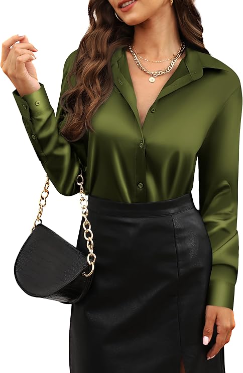 CUNLIN Womens Soft Satin Silk Leopard Button Down Shirts for Women Silky Long Sleeve Work Shirt Dress Blouses Tops