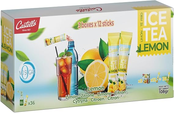 Castello since 1907 Iced Tea (Ice Tea) Zero & Instant Sachets | Lemon | Total 36 sachets - 1 sachet = 500 ml of Tea | Zero Calorie | Zero Sugar | Zero Aspartame