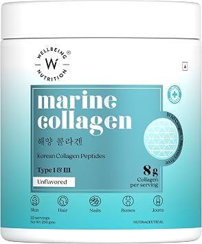 WELLBEING NUTRITION Pure Korean Marine Collagen Supplements for Women & Men, 200g | Hydrolyzed Collagen Powder and Amino Acids | Supports Healthy Skin, Hair, Nails, Bone & Joint | Unflavored