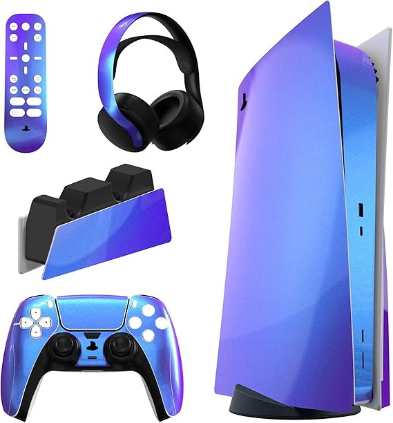 PlayVital Chrome Purple Blue Glossy Full Set Skin Decal for ps5 Console Disc Edition, Sticker for ps5 Vinyl Decal Cover for ps5 Controller & Charging Station & Headset & Media Remote