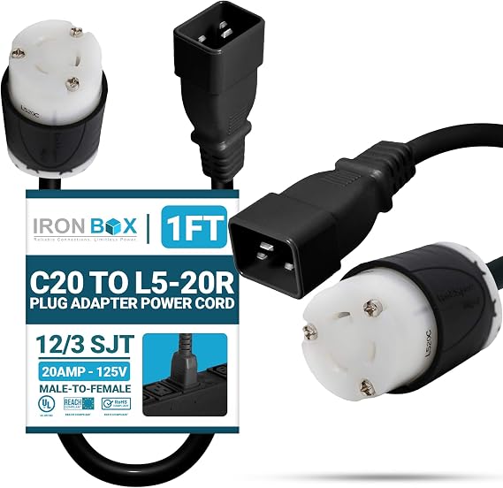 IronBox Electric - IEC C20 to NEMA L5-20R Plug Adapter Power Cord - Rated for 20A, 125V - Power Cord Adapter with 12/3 SJT Wire - Ideal for Data Centers, Server Racks, and Industrial Use (1 Foot)