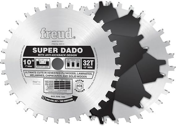 Freud 10" Super Dado Set with Tico Hi-Density Carbide for Flat Bottom Grooves - Includes 2 Blades, 6 Chippers, Shim Set & Carrying Case - SD510