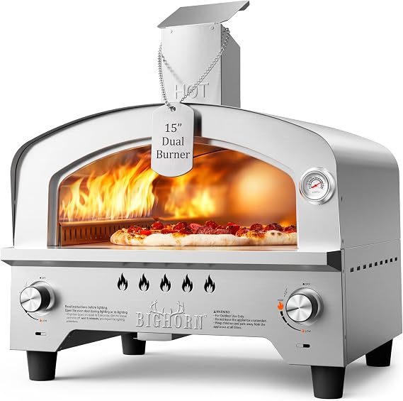 BIG HORN Gas Pizza Oven, Portable Propane Pizza Oven with 15 inch Pizza Stone, Stainless Steel Pizza Maker for Outdoor Cooking