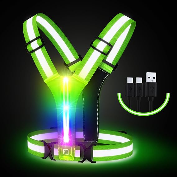 LED Reflective Running Vest, High Visibility Light Up Safety Vest with 3 Light Modes & 6 Light Colors, Rechargeable USB-C Adjustable Lightweight Night Running Gear for Men Women Cycling Walking