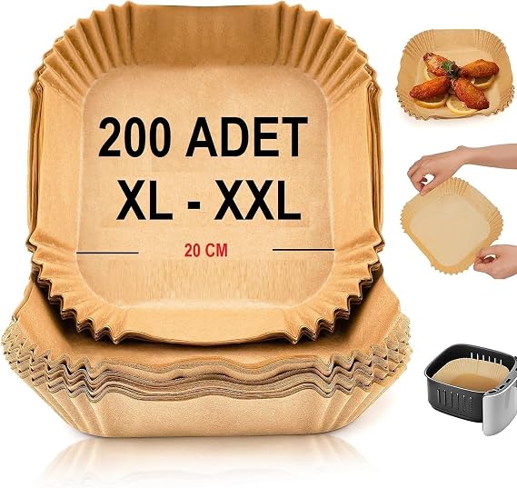 Baker Ticaret Airfryer Pişirme Kağıdı,Xl-Xxl Büyük Boy, Kare, 200 Adet Hava Fritöz Parşömen Fırın Kağıdı Tek Kullanımlık Kağıt Fırın Fritöz Pişirme Kızartma Tavası Için Uygun 20CM