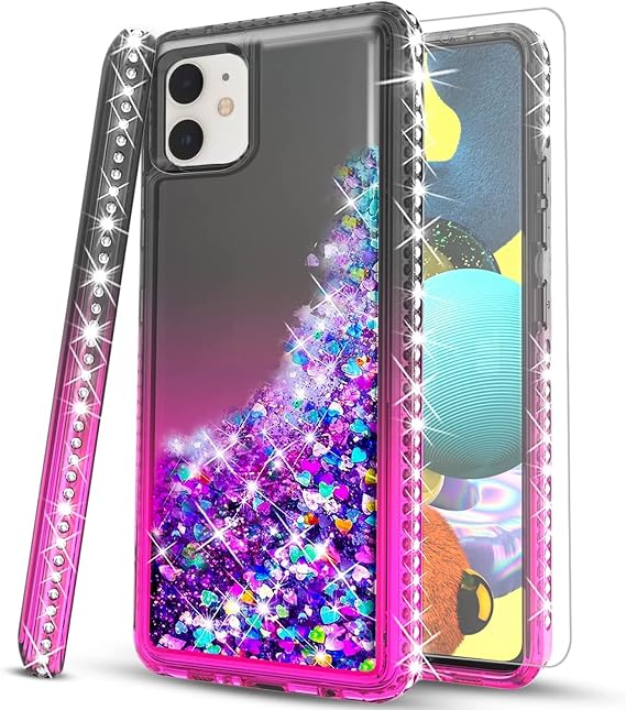 STARSHOP Compatible with iPhone 11 Phone Case, with [Tempered Glass Screen Protector Included] Liquid Bling Sparkle Floating Glitter Quicksand Cover Girls Women Cute - Black/Pink