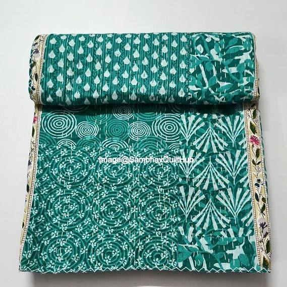 Green Indigo Print Less Cotton Handmade Handblock Quilted Blanket Indian Cottodspread Kantha Indigo Print Beork Bohemian Bed Decor Block Throw Blanket Twin/King/Queen (90X108 inch)
