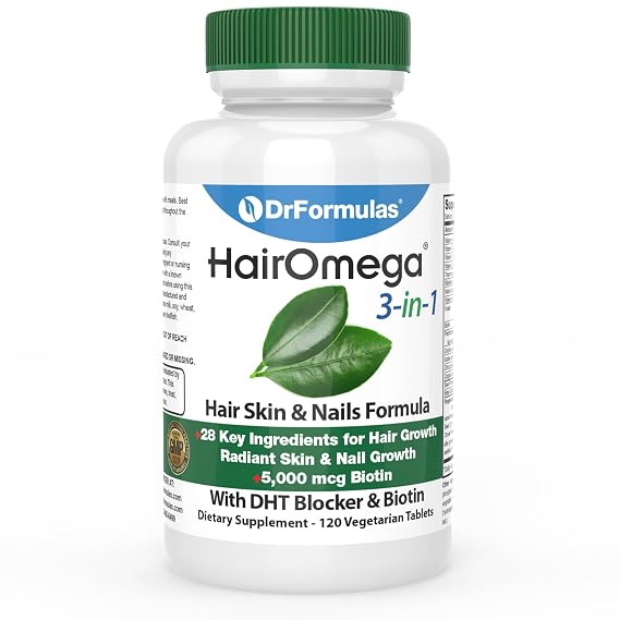 DrFormulas HairOmega 3-in-1 Hair Growth Vitamins with DHT Blocker, Biotin for Women & Men | Hair Skin and Nails Supplement for Hair Loss, 120 Pills