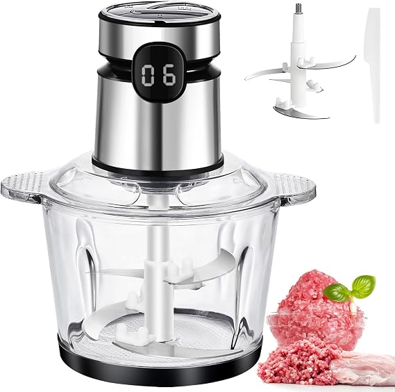 Electric Food Processor 500W, 8-Cup Glass Vegetable Chopper Meat Grinder | LED Timer, 2 Liter Bowl, Powerful Motor, Dishwasher Safe, 3 Speed&4 Blade, Small Veggie Garlic Chopper, Kitchen Blender Mixer