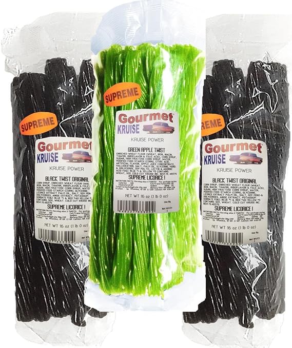 Black Licorice Original Twist 2-1lb Bags (1) Green Apple Twist Licorice 1lb (NET WT 48 OZ) Gourmet Kruise Signature Gifts