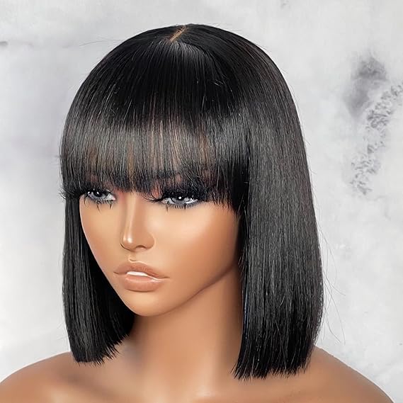 LUVME HAIR 10 Inch Short Black Straight Bang Wig with Minimalist 2x1 Lace