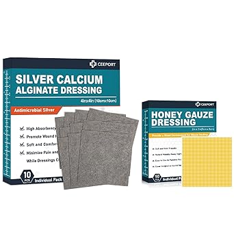 Ceeport Silver Calcium Alginate Dressing (4''x4''10pcs) +Manuka Honey Gauze Dressing(2" x 2" 10pcs)