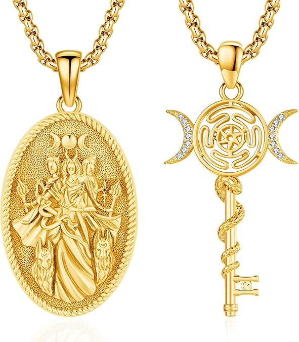 Hecate Necklace Triple Moon Goddess Hekate Key Pendant 925 Sterling Silver Hecate Ancient Greek Mythology Wiccan Pagan Magic Witchcraft Tetragrammaton Amulet Jewelry Gifts for Women,Gold
