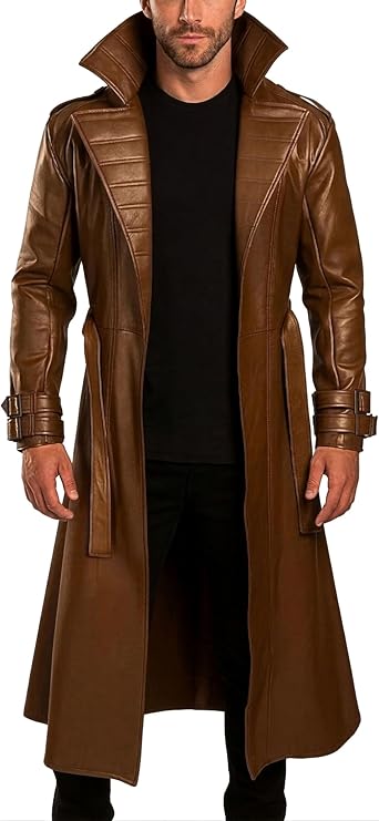 Men’s Gambit Trench Coat – Long Genuine Leather Jacket – Superhero Inspired Cosplay Overcoat – Halloween Costume Outerwear