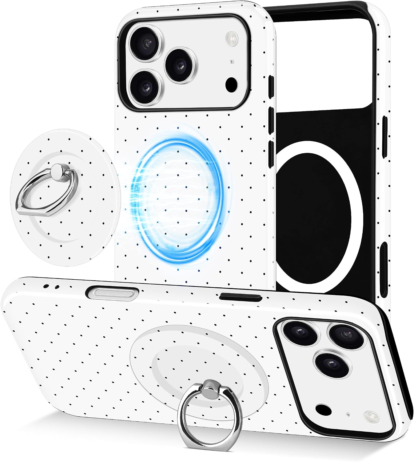 Jusy Compatible with Magsafe Polka Dot Phone Case for iPhone 17 Pro Max, Cute Aesthetic Magnetic Ring Holder Stand Case, Soft TPU and Hard PC Protective Phone Cover for Women Girls - White Polka Dot