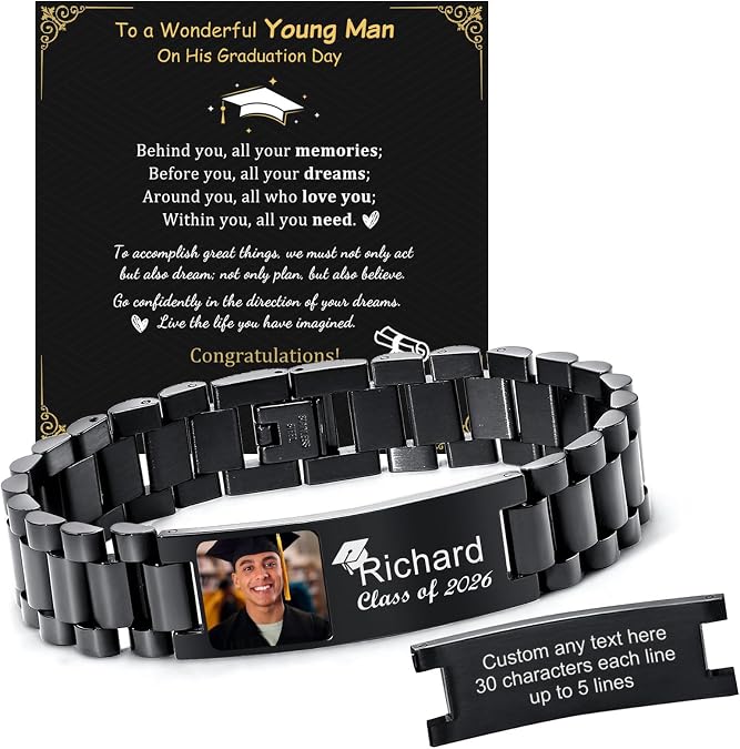 MEALGUET Graduation Gifts for him,Customizable Graduation Bracelet, Inspirational College Graduate Class Of 2026 Gift, Stainless Steel Handsome Link Bracelets for College Graduates