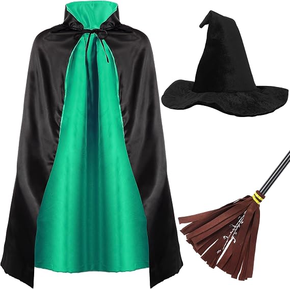 Boyiee 3 Pcs Kids Witch Costume Reversible Cape Wizard Hat Broom Wizard Vampire Cloak for Carnival Mardi Gras World Book Day