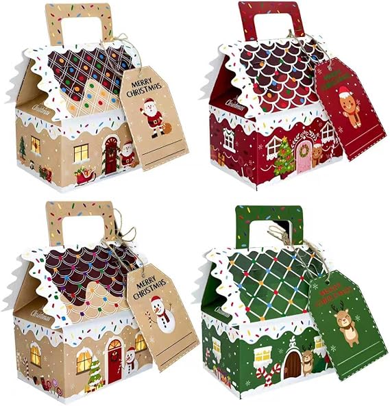 8Pcs Christmas Sweet Boxes Empty, Kraft Paper Xmas Gift Box Small, Xmas Party Favour Treat Boxes with Tags, Christmas Candy Box Party Supplies 5 x 3.15 In (Folded)