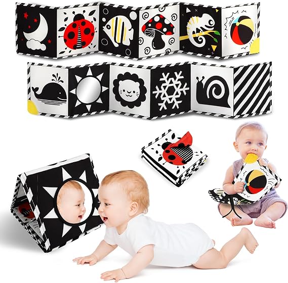 Tummy Time Toys, High Contrast Baby Book with Mirror & Teether for Newborn