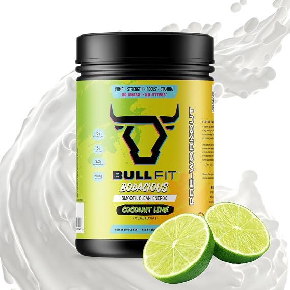 BULLFIT Pre Workout Powder, Support for Men & Women, L Citrulline, Creatine, Beta Alanine & Electrolytes, Powdered Drink Mix with No Sucralose & Zero Sugar, 20 Srvgs (20 SRV, Coconut Lime)