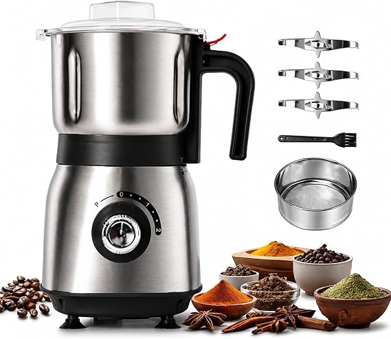 Electric Grinder for Kitchen - 500W Grain Mill with 3 Stainless Steel Blades, Versatile Spice Grinder for Coffee, Grinding Spices, Bean, Grains, Nuts (Black)