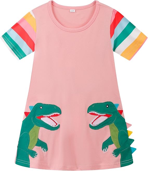 RETSUGO Little Girls A-Line Dress Cute Unicorn Rainbow Pattern Short Sleeve Casual Toddler Girl Dresses for Party 1-8 Years