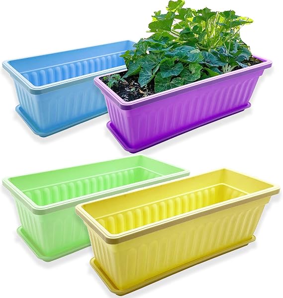 PURPLE STAR 1N 4 Packs 17 Inch Rectangular Window Flower Box Planter with Tray for Balcony, Windowsill, Garden